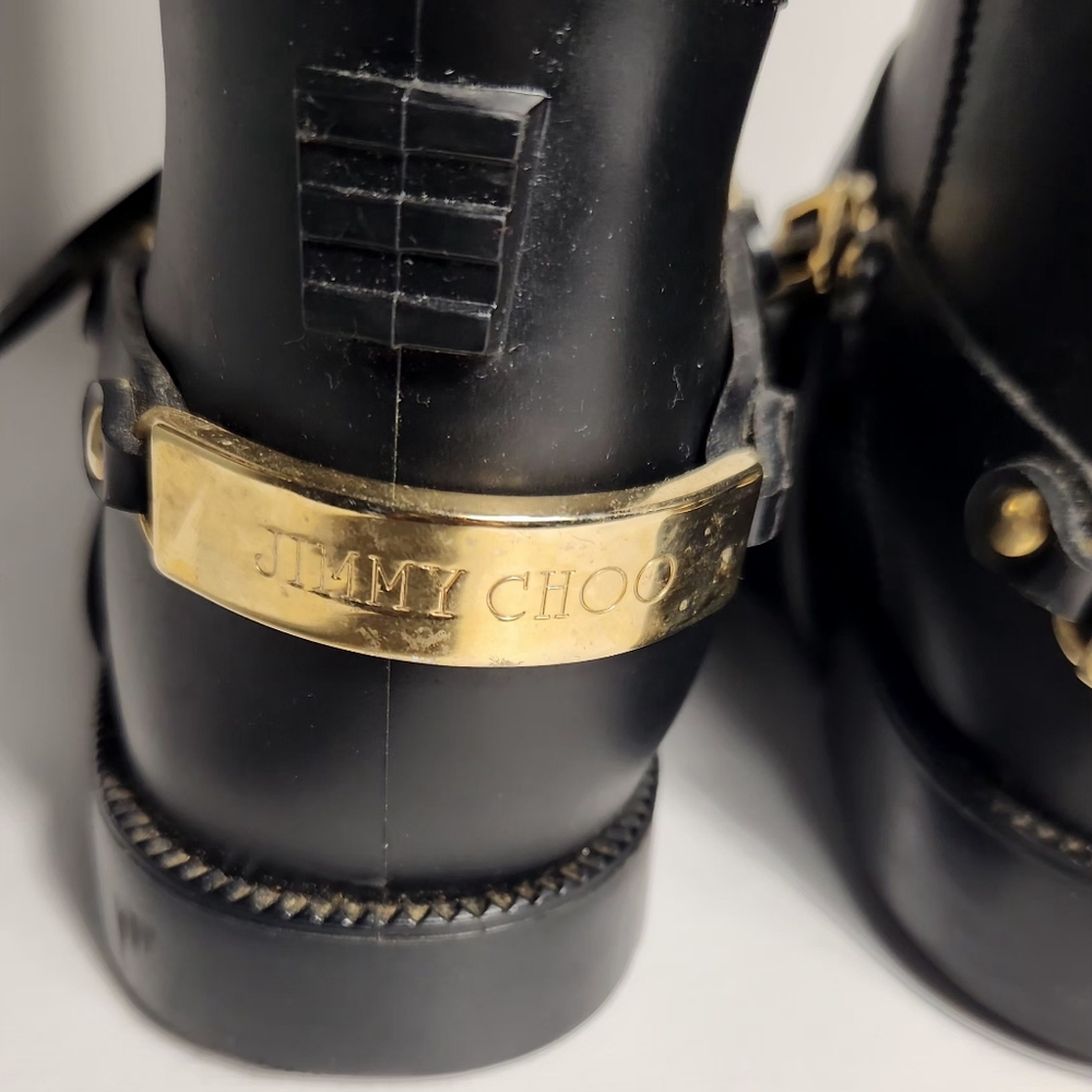 Jimmy Choo CHESHIRE Riding Black Gold Knee High Rain Boots Rubber Women Size 39 - Picture 5 of 14